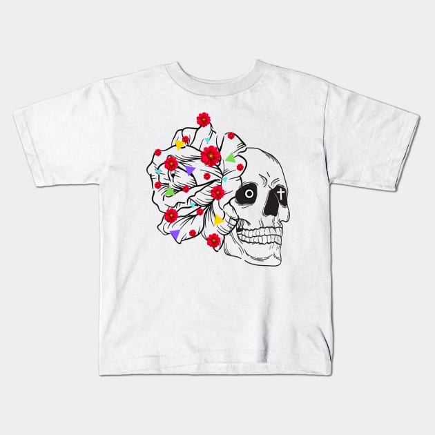 skeleton face drawing with a cross in the background in the eye, linear flower and flowers with small colorful triangles Kids T-Shirt by JENNEFTRUST